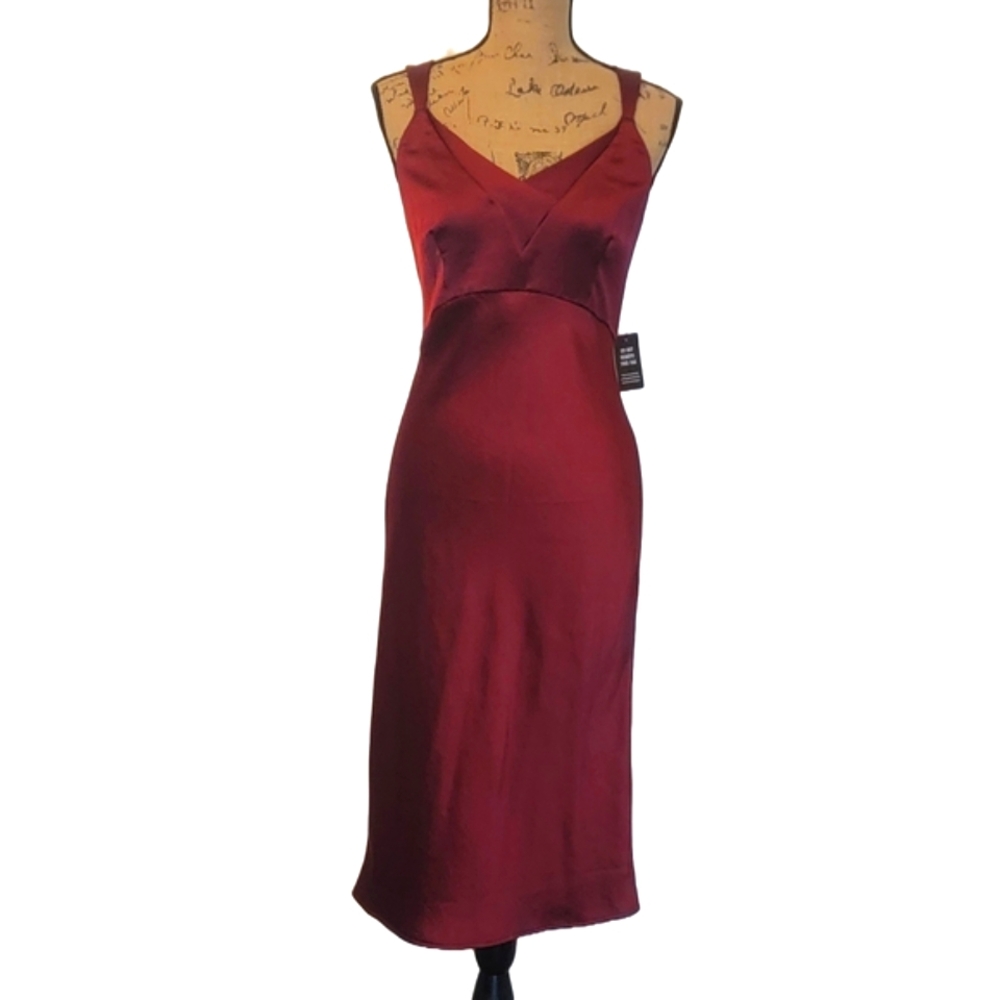 Express Wine Satin Sleeveless V-Neck Midi Zip Dress